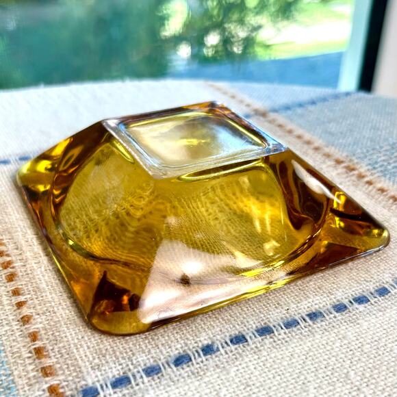 Vintage Amber Cut Glass Ashtray – 4.75” Square Mid-Century Modern - Picture 8 of 14